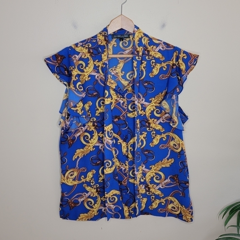 Julian Chang Ornate Blue & Gold Scroll Print Blouse Tie Neck Flutter Sleeves